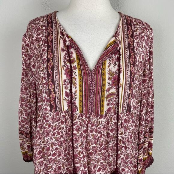 Garnet Hill Maroon Floral Peasant Pop Over Top 4 - Picture 3 of 8